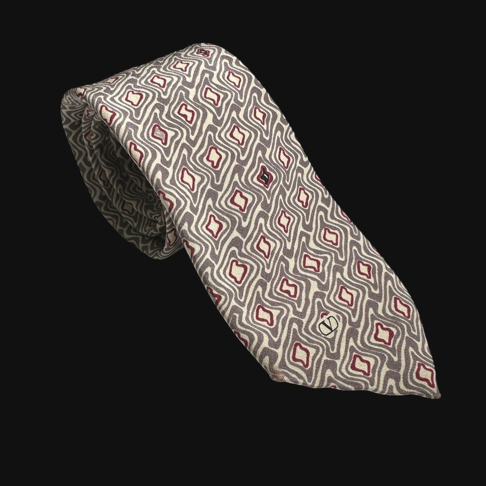 Valentino‎ Cravatte Mens Silk Tie Geometric Wavy Diamond Burgundy Grey Italy Vtg
